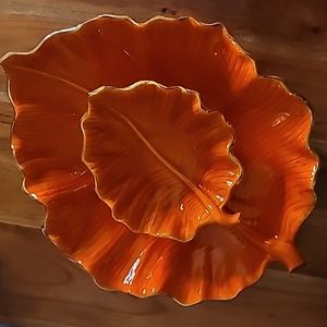 California USA MCM Gold Trimmed Leaf Chip and Dip Dish Set M708 M709